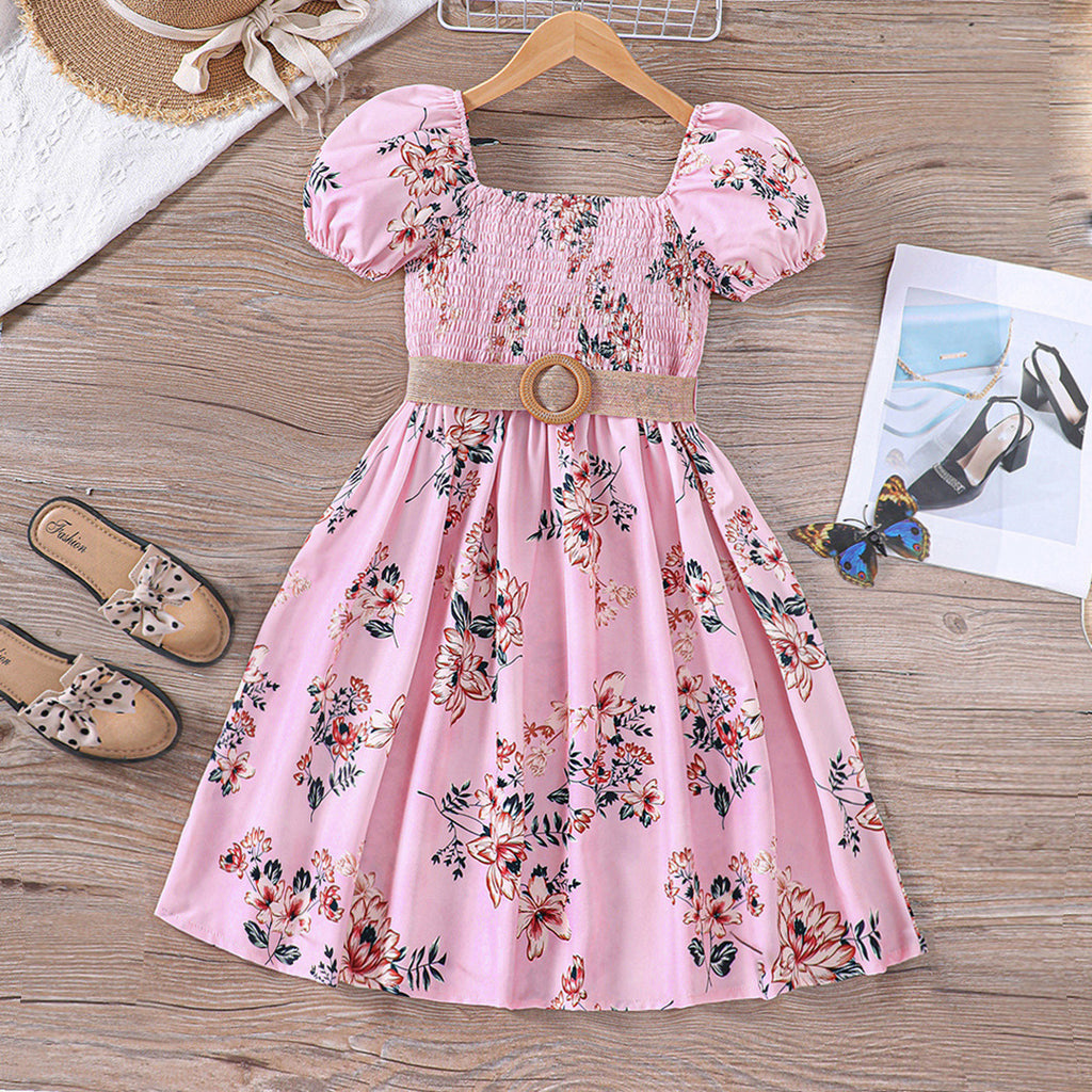 Girls Pink Smocked Floral Print Fit & Flare Dress