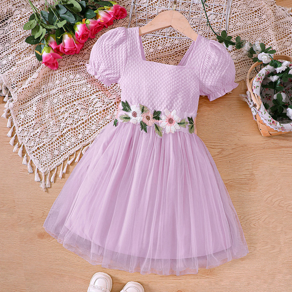 Girls Purple Puff Sleeves Flower Embroidered Fit & Flare Dress