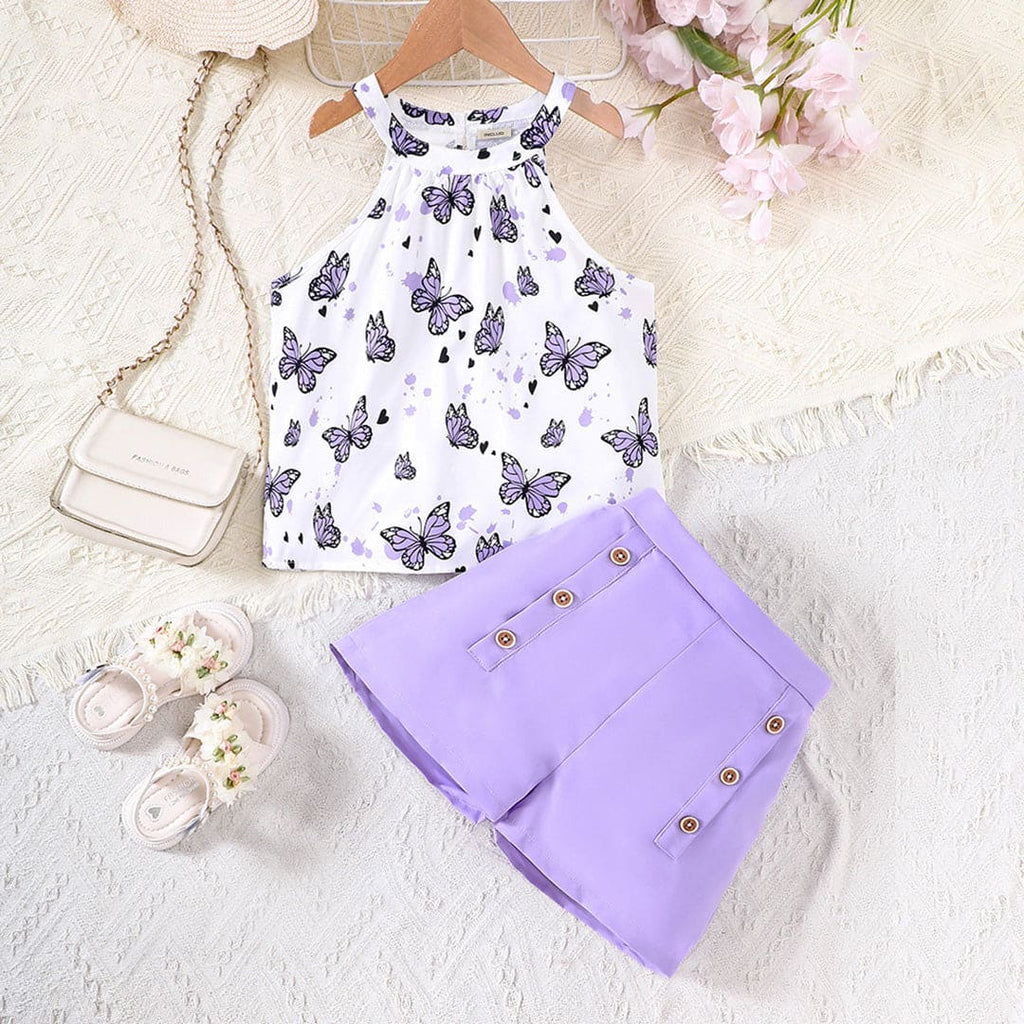 Girls Purple Printed Halter Top with High-Waisted Shorts Set