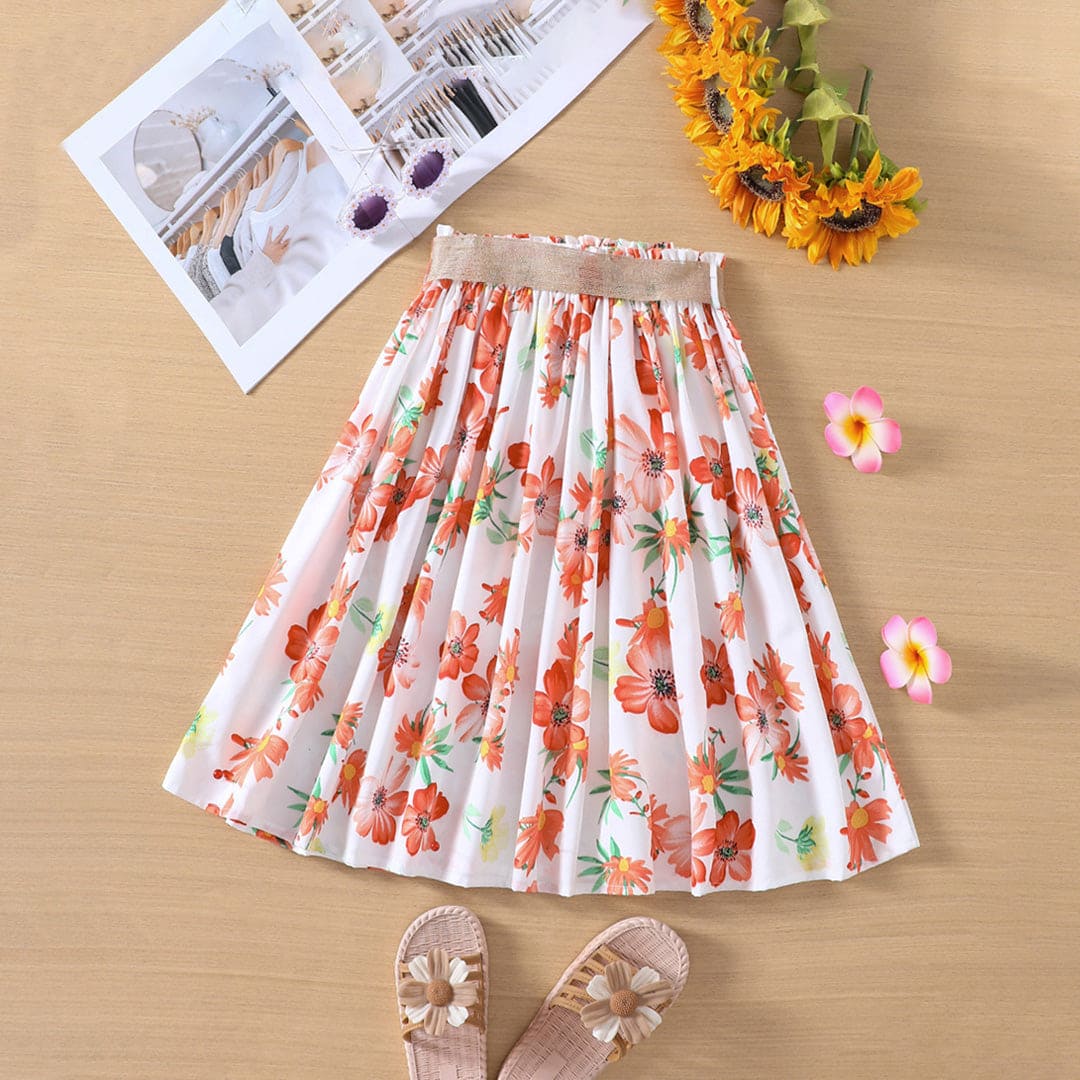 Girls White Floral Print Gathered A-line Skirt Skirts   