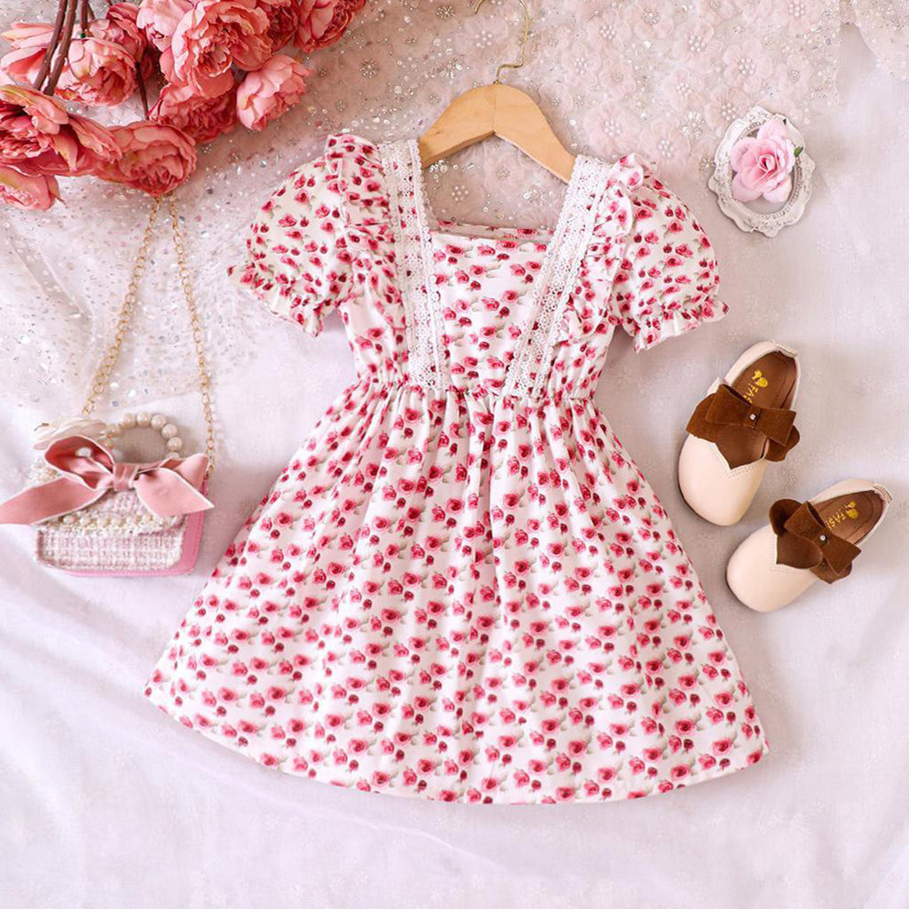 Girls Red Floral Print Puff Sleeves Fit & Flare Dress