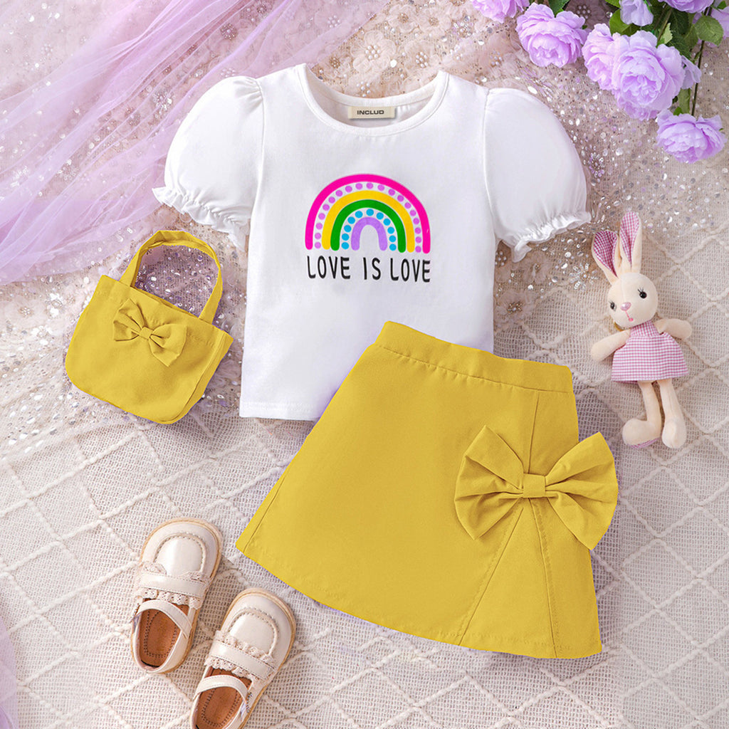Girls Yellow Rainbow Print Puff Sleeves T-Shirt With Skirt Set