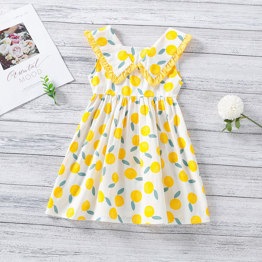 Girls Yellow All Over Printed Sleeveless Dress