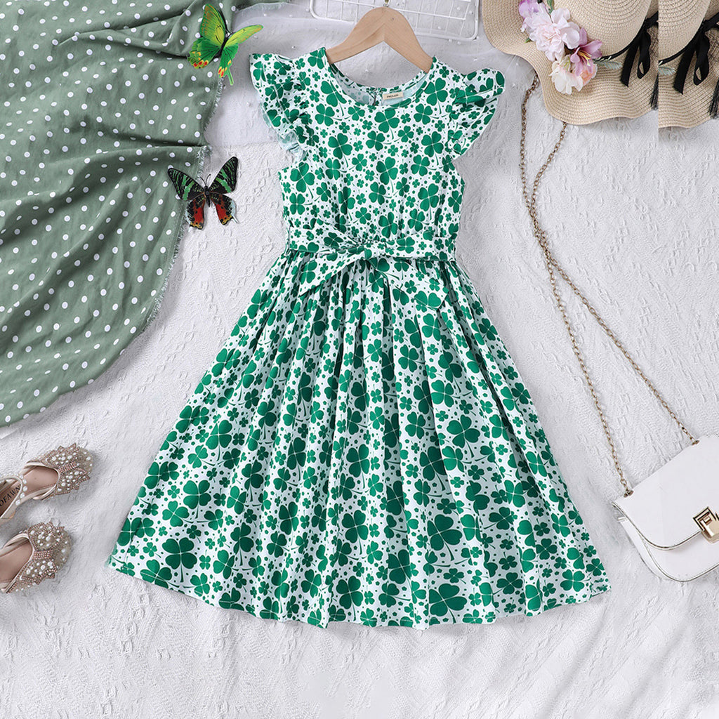 Girls Green Floral Print Fit & Flare Casual Dress