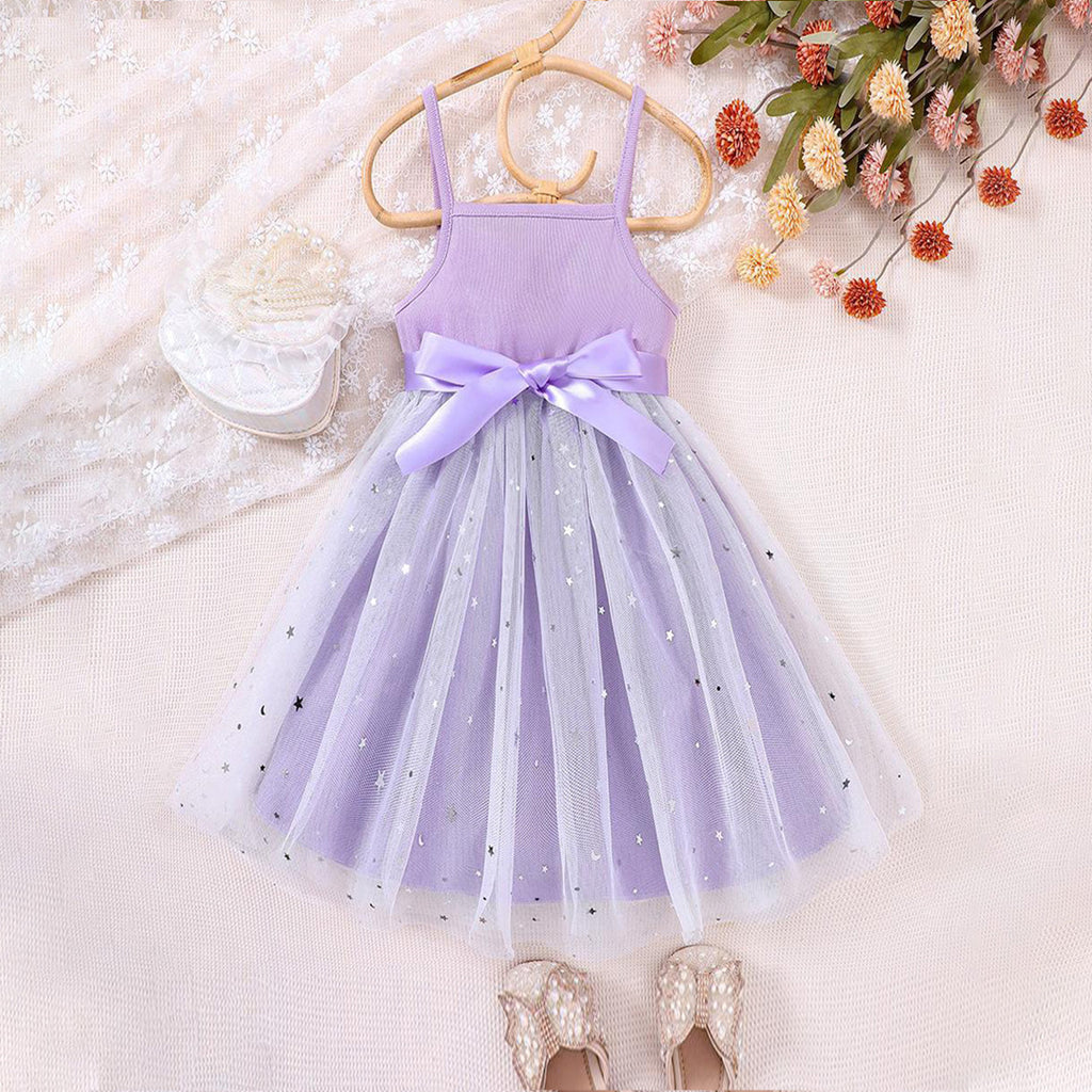 Girls Purple Sleeveless Star Foil Print Fit & Flare Dress