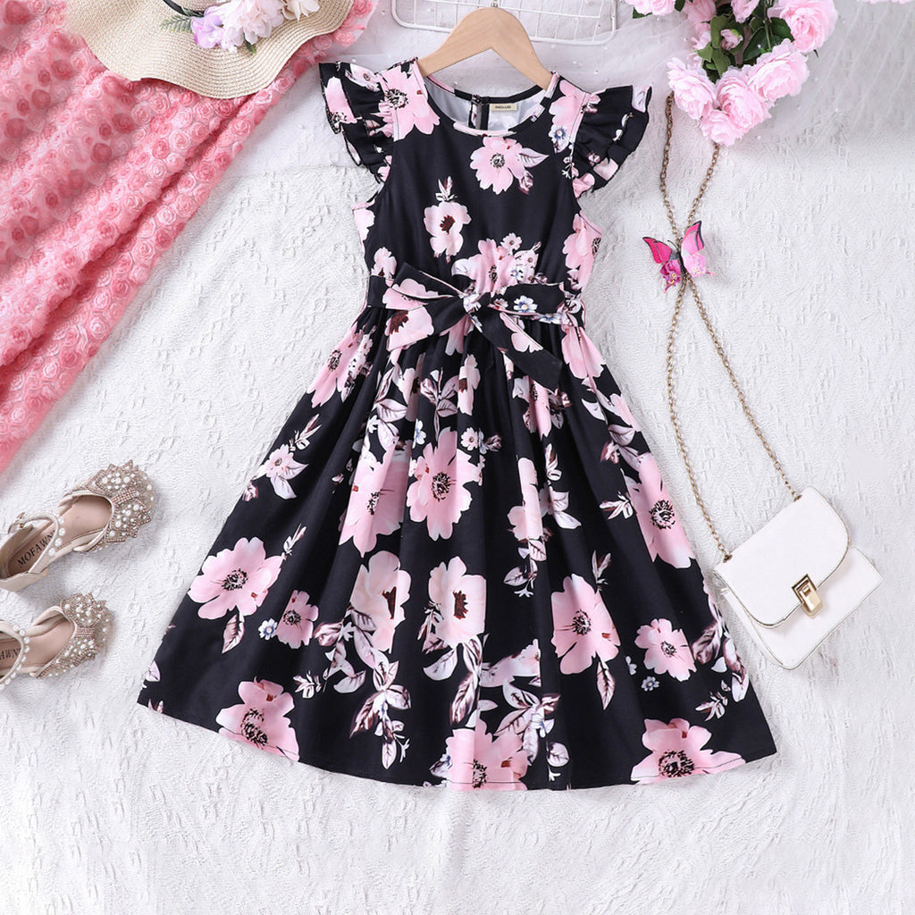 Girls Black Floral Print Fit & Flare Casual Dress