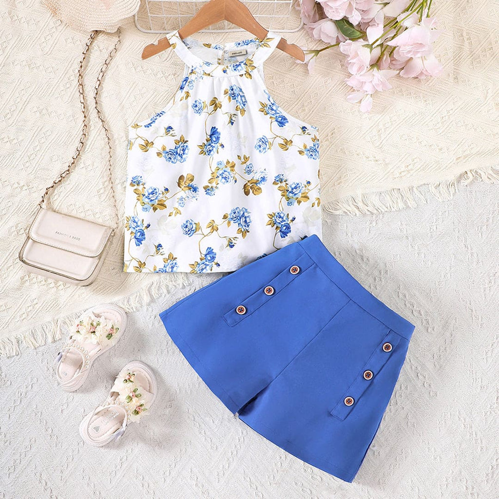 Girls Blue Printed Halter Top with High-Waisted Shorts Set