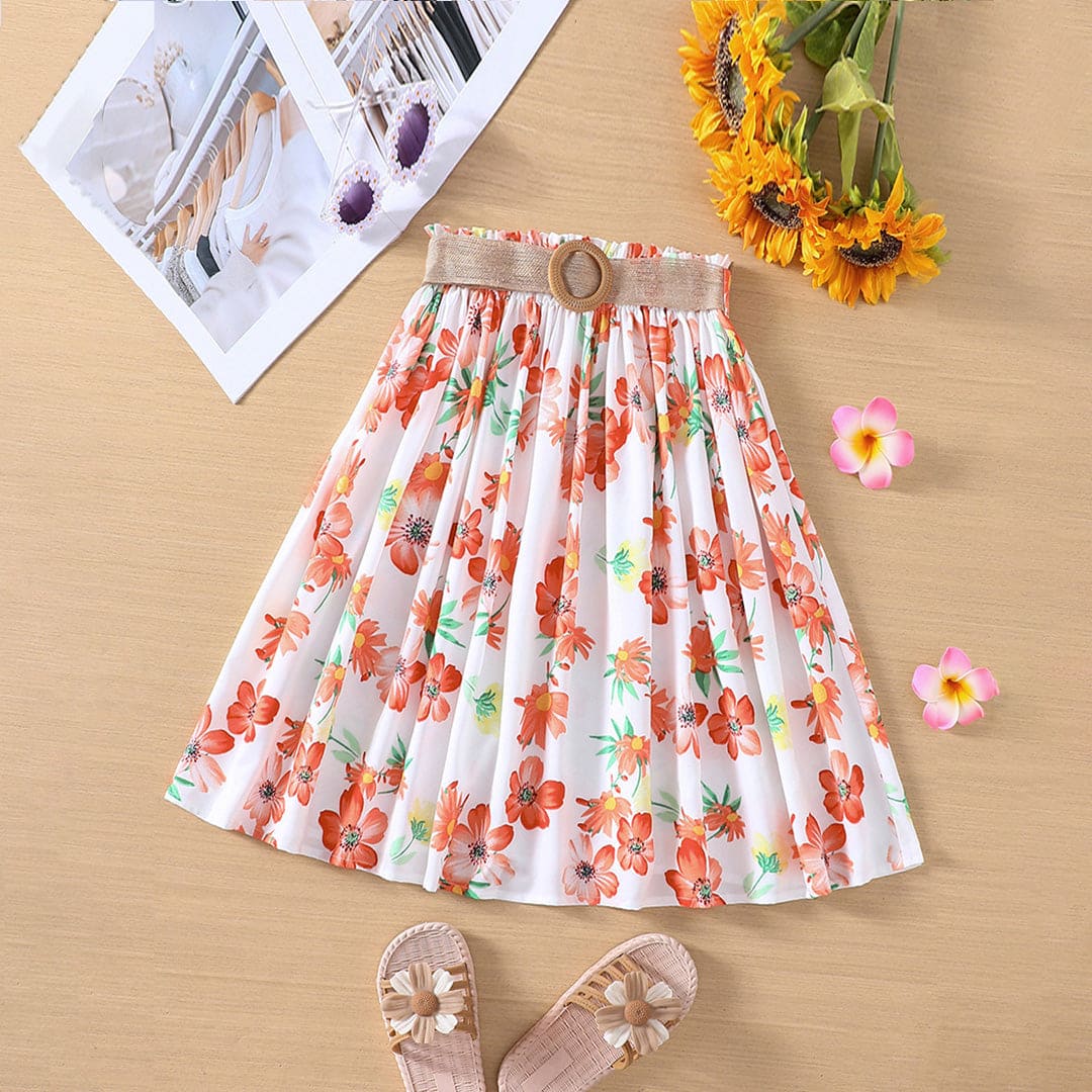 Girls White Floral Print Gathered A-line Skirt Skirts White 5-6 Y 