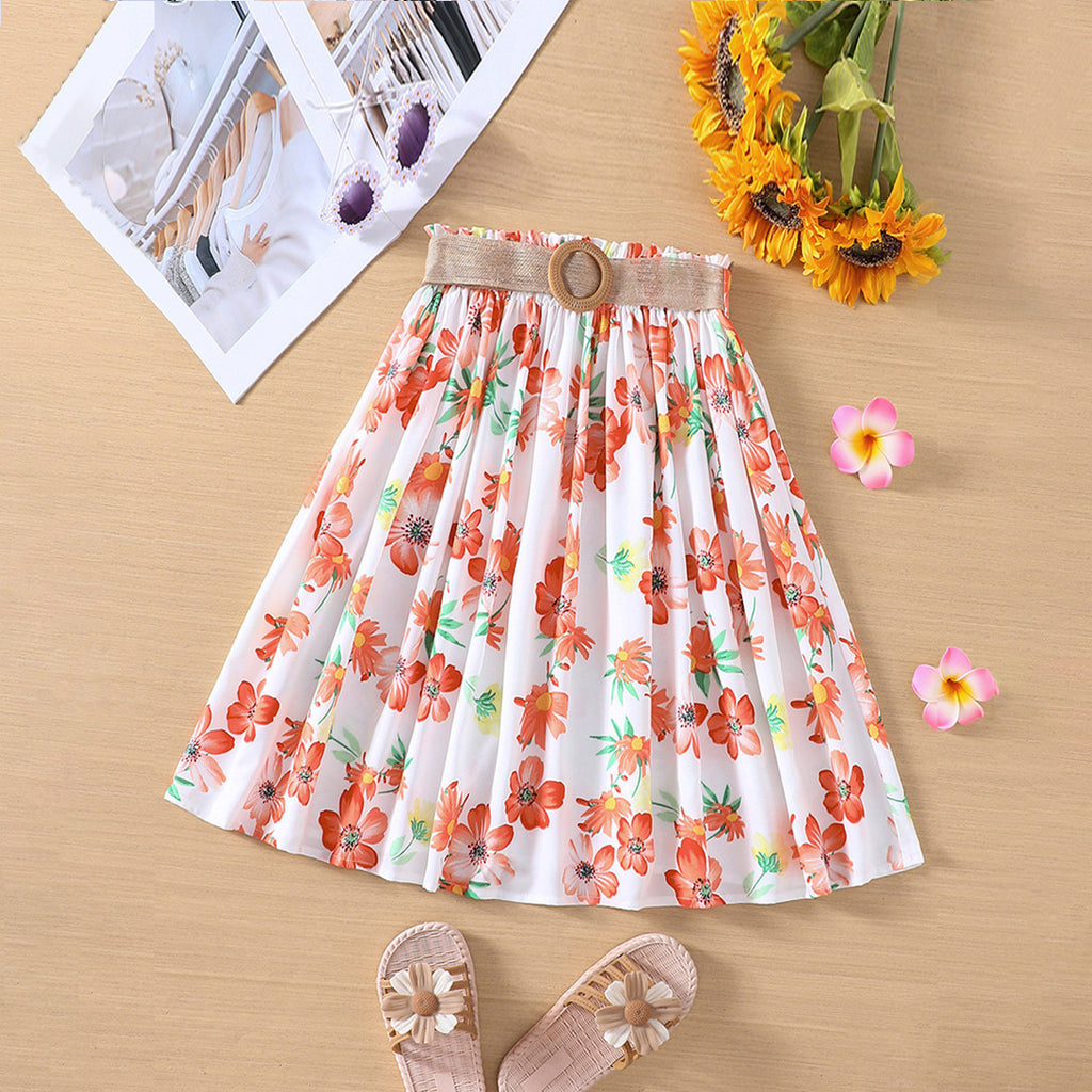 Girls White Floral Print Gathered A-line Skirt