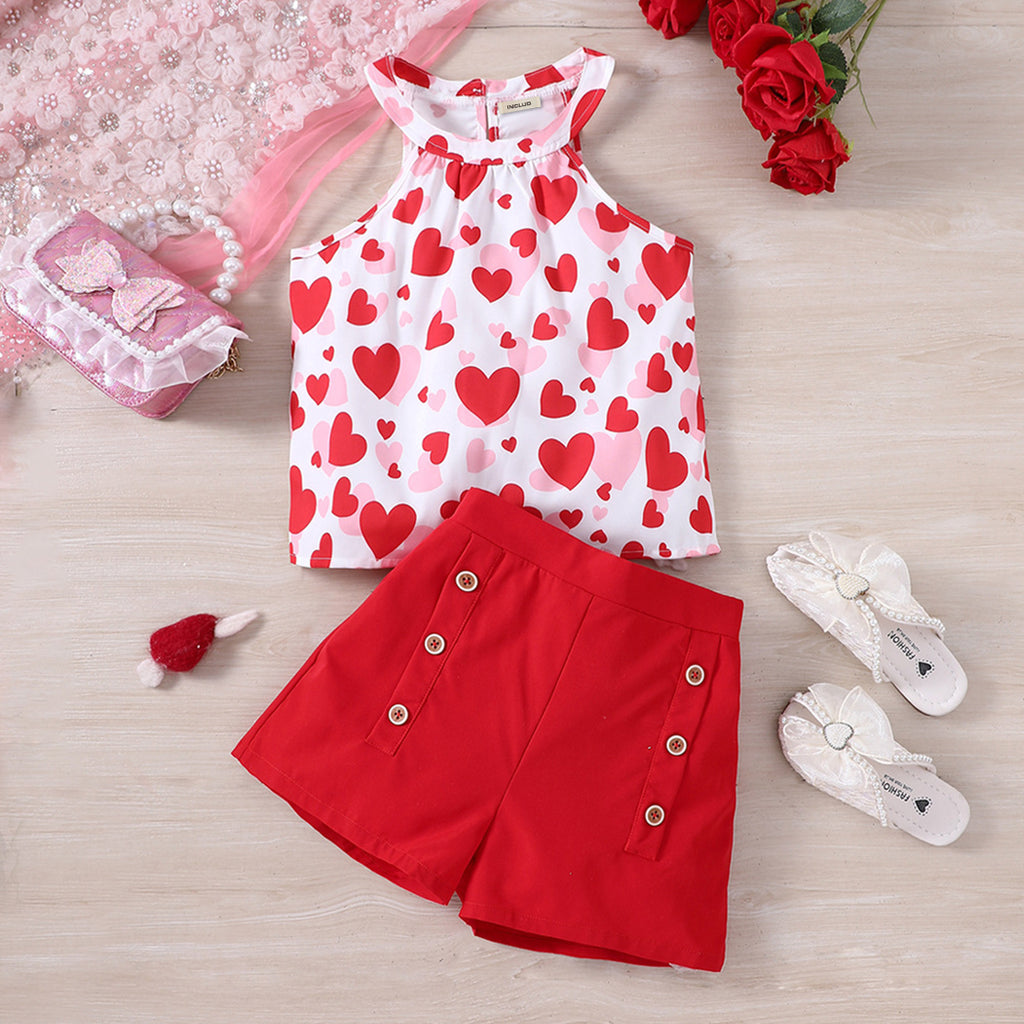 Girls Red Printed Halter Top with High-Waisted Shorts Set
