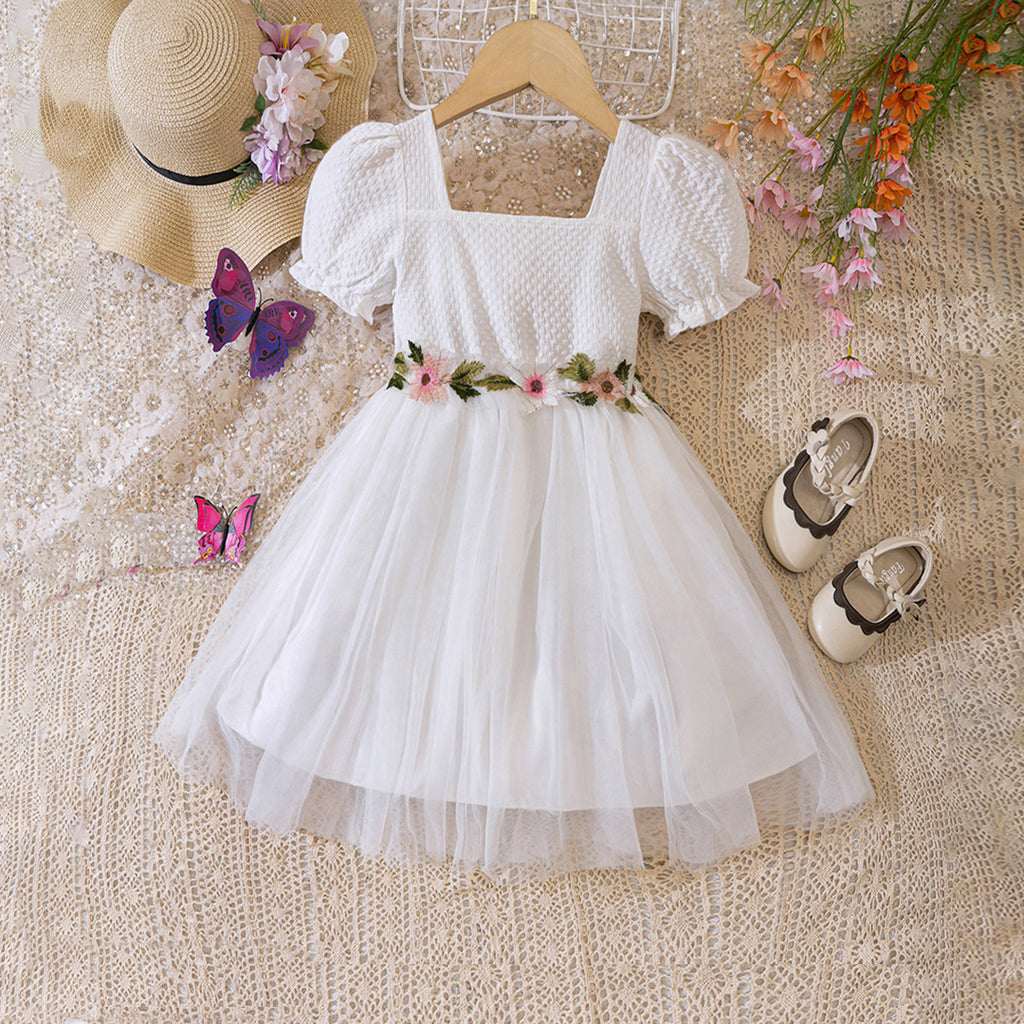 Girls White Puff Sleeves Flower Embroidered Fit & Flare Dress