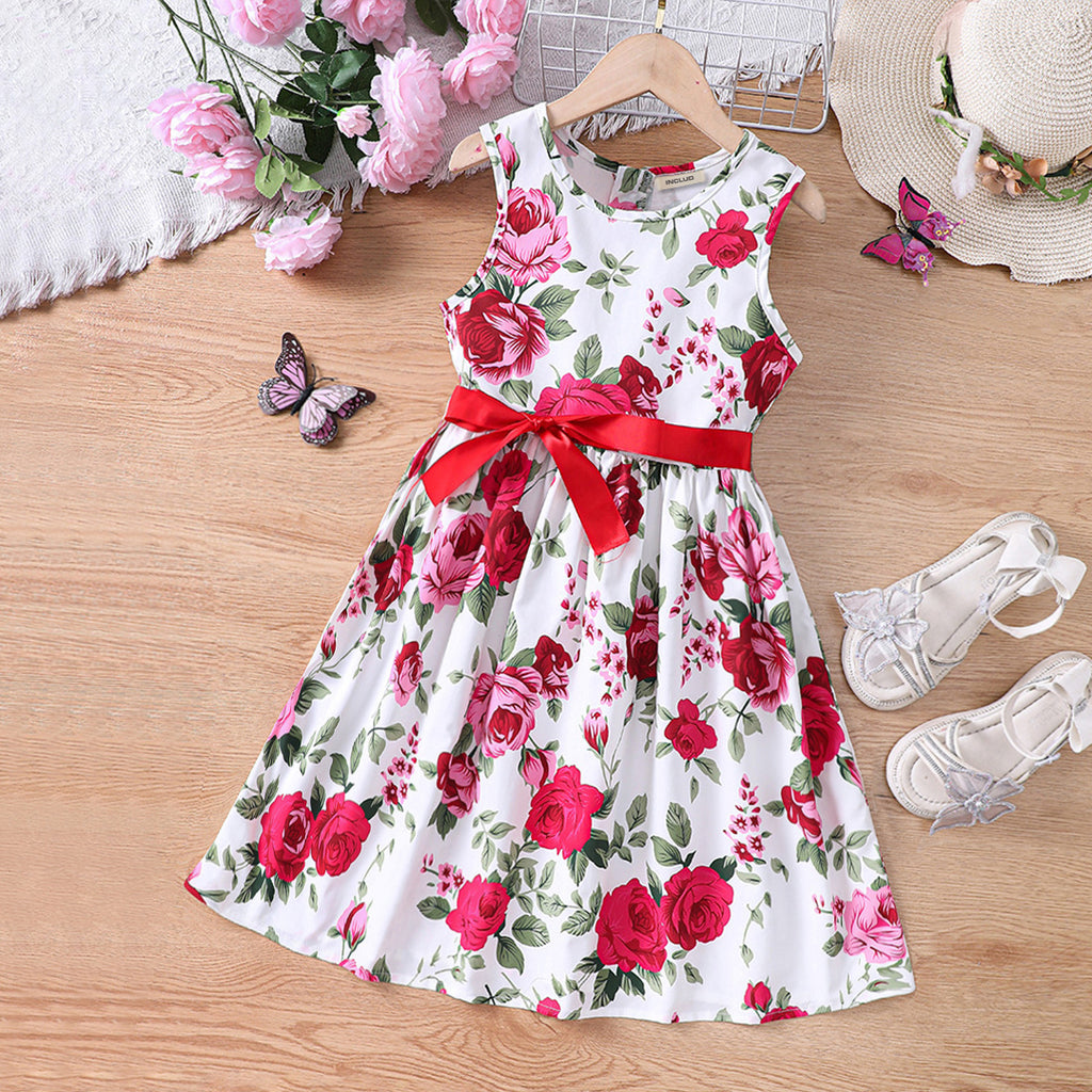 Girls Red Sleeveless Floral Print Fit & Flare Dress