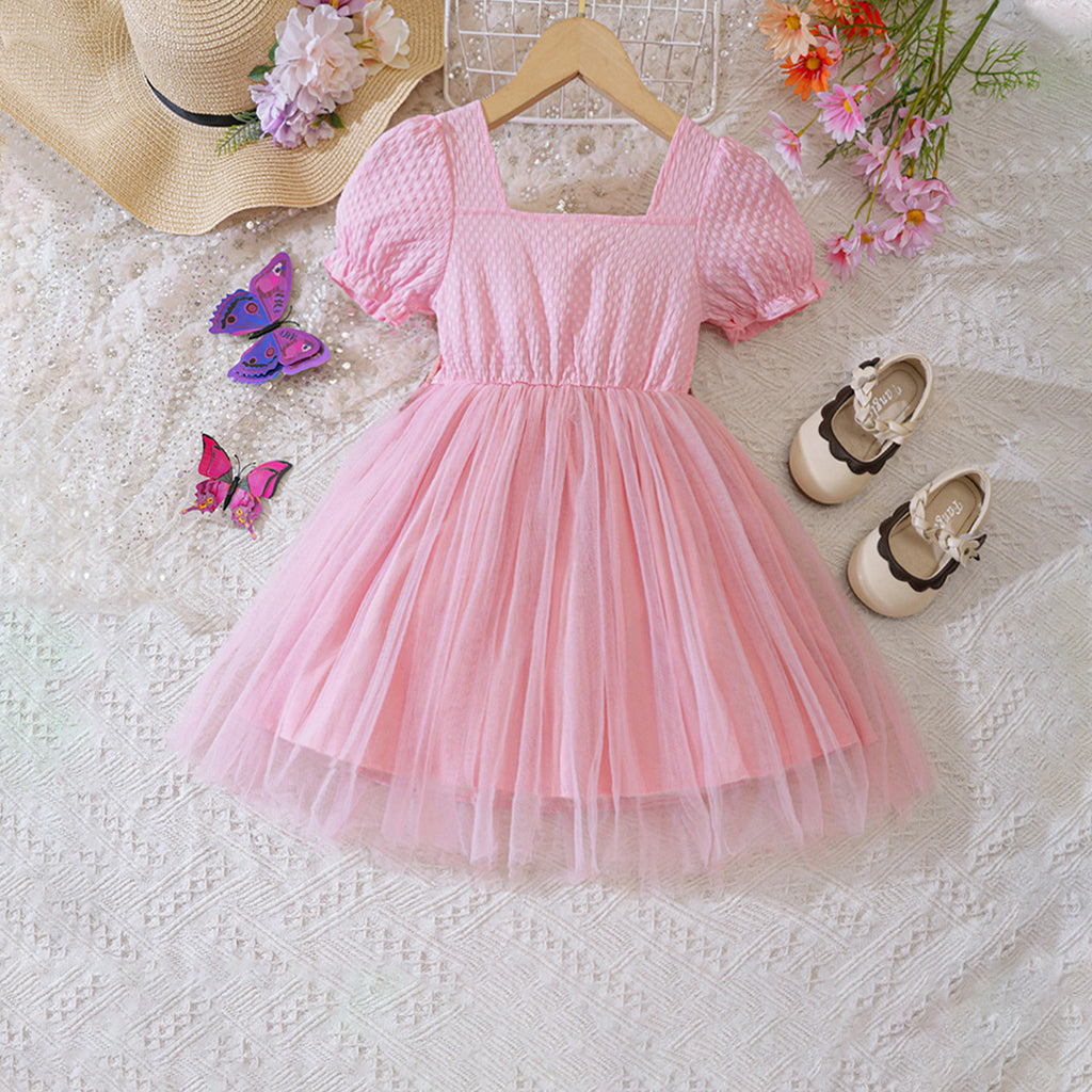 Girls Pink Puff Sleeves Flower Embroidered Fit & Flare Dress