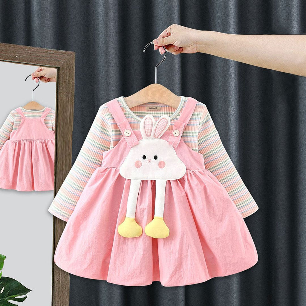 Girls Pink Striped T-Shirt With Fit & Flare Dress & Rabbit Applique Embroidery Casual Dresses Pink 1-2 Y 