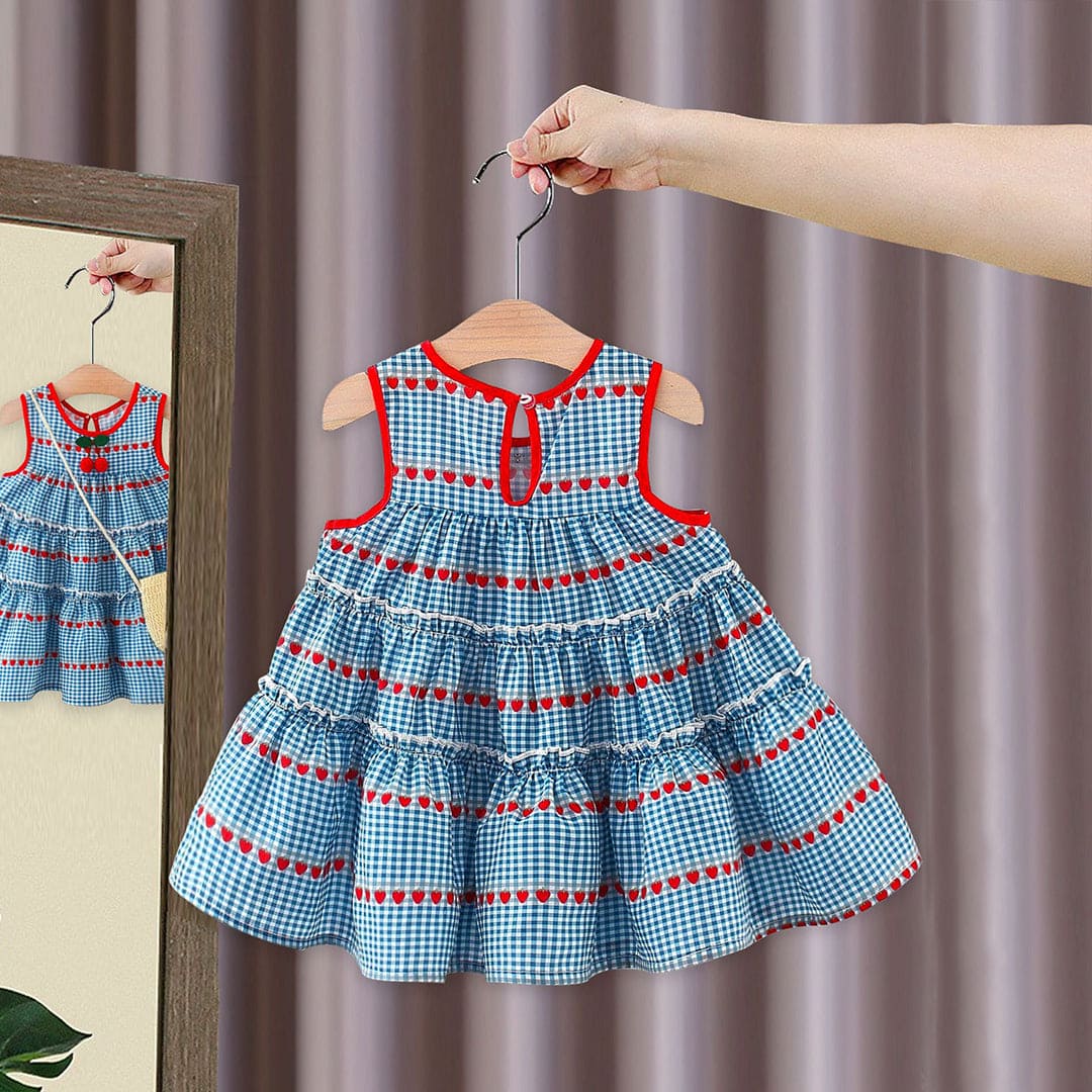 Girls Sleeveless Gingham Check Dress With Pom Pom Casual Dresses   
