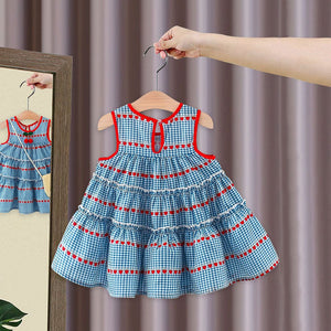 Girls Sleeveless Gingham Check Dress With Pom Pom Casual Dresses   