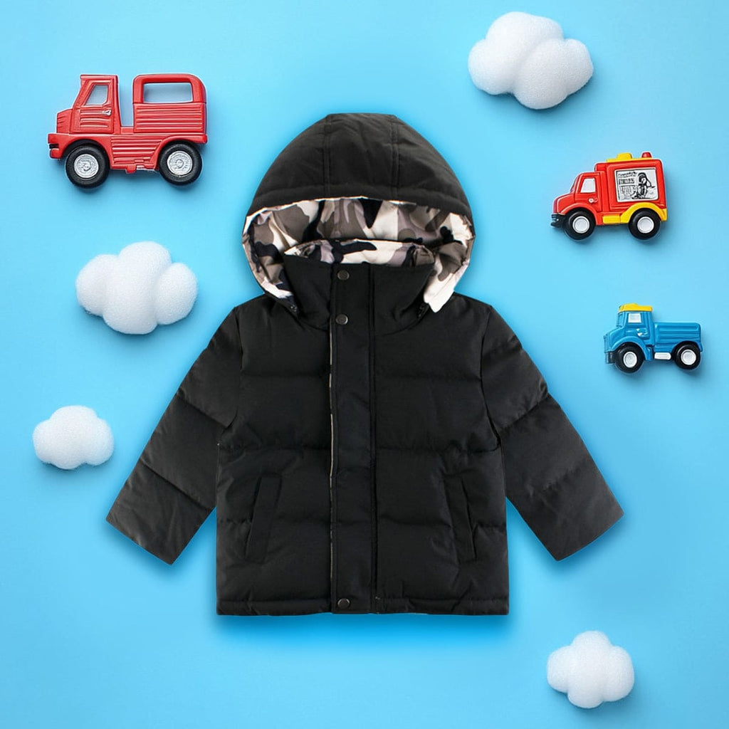 Boys Black Hooded Full Sleeves Puffer Jacket Coats & Jackets Black 1-2 Y 