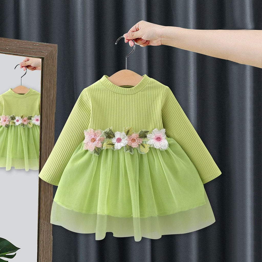 Girls Green Long Sleeve Flower Embroidery Fit & Flare Dress Casual Dresses   