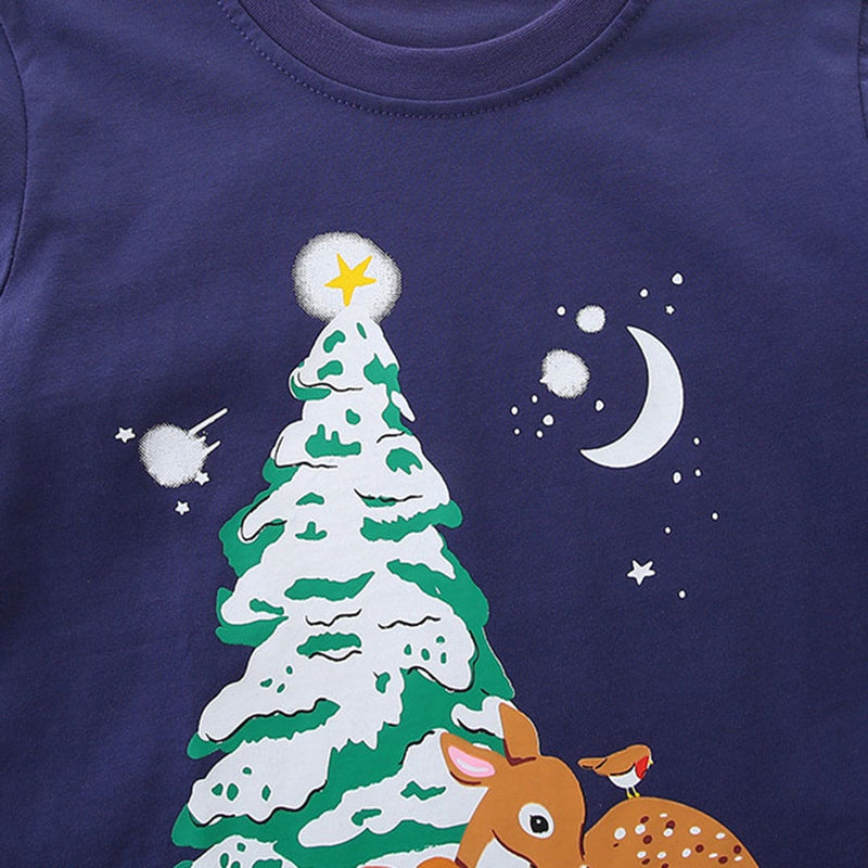 Boys Navy Long Sleeve Christmas Tree Printed T-Shirt Tshirts   