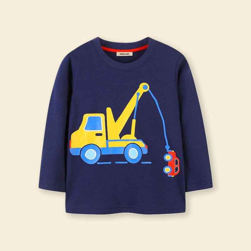 Boys Navy Long Sleeve Car Printed Round Neck T-Shirt Tshirts   