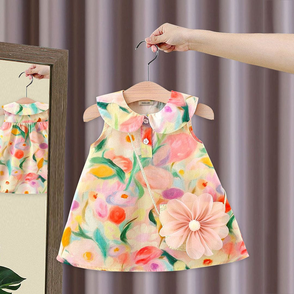 Girls Multicolor Peter Pan Collar Floral Print A-Line Dress With Sling Bag Casual Dresses Multicolor 1-2 Y 