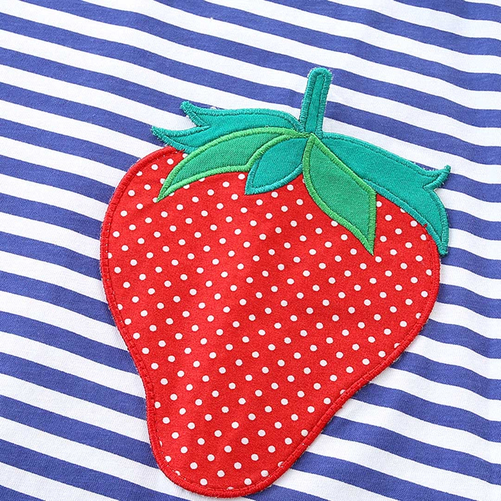 Girls White Long Sleeves Striped Strawberry Embroidered Dress Casual Dresses   
