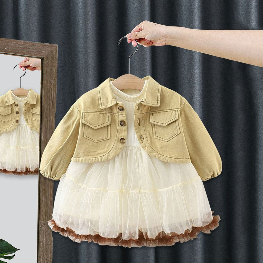 Girls Khaki Long Sleeves Fit & Flare Dress With Denim Jacket Casual Dresses Khaki 1-2 Y 