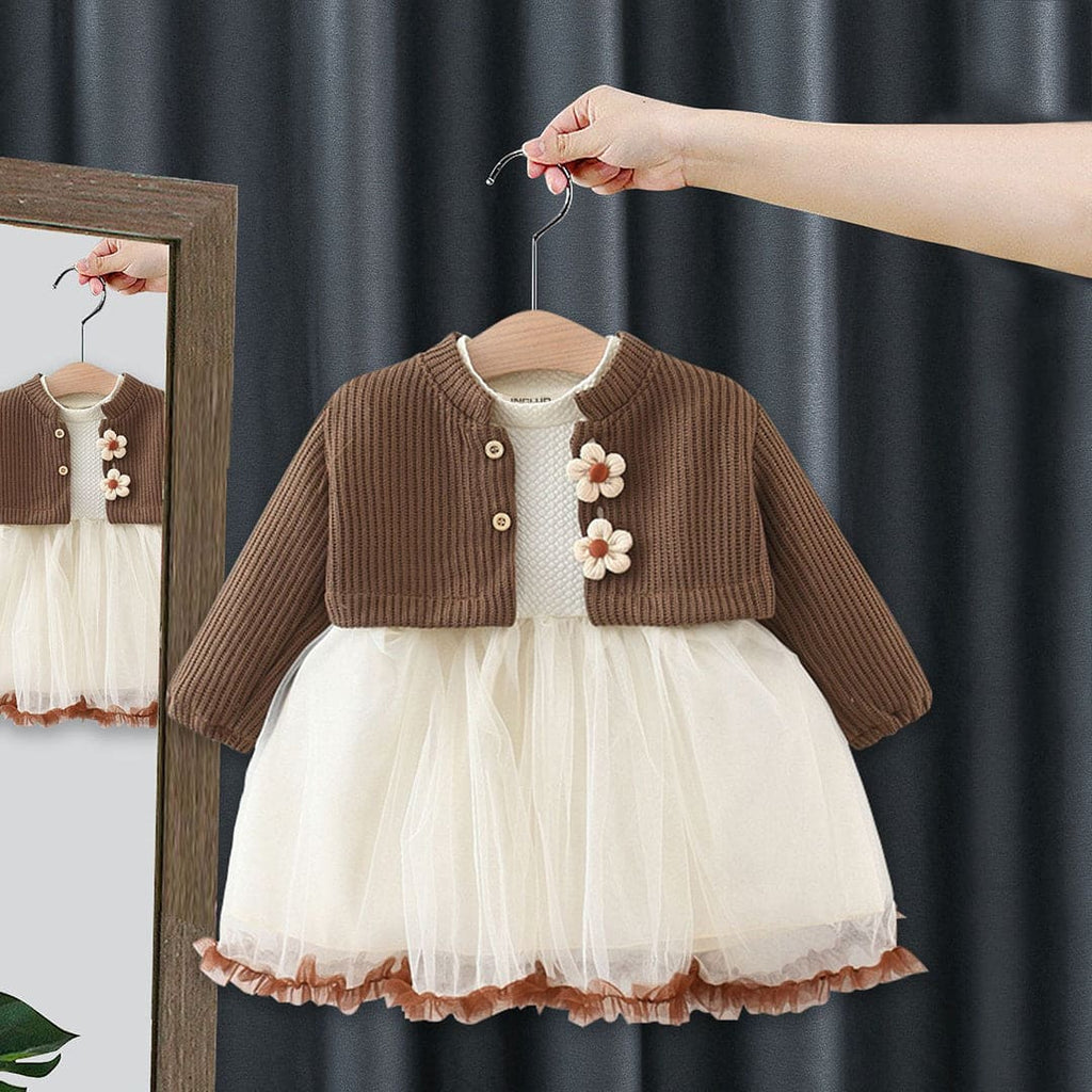 Girls Brown Long Sleeve Fit & Flare Dress With Crop Length Sweater Casual Dresses Brown 1-2 Y 