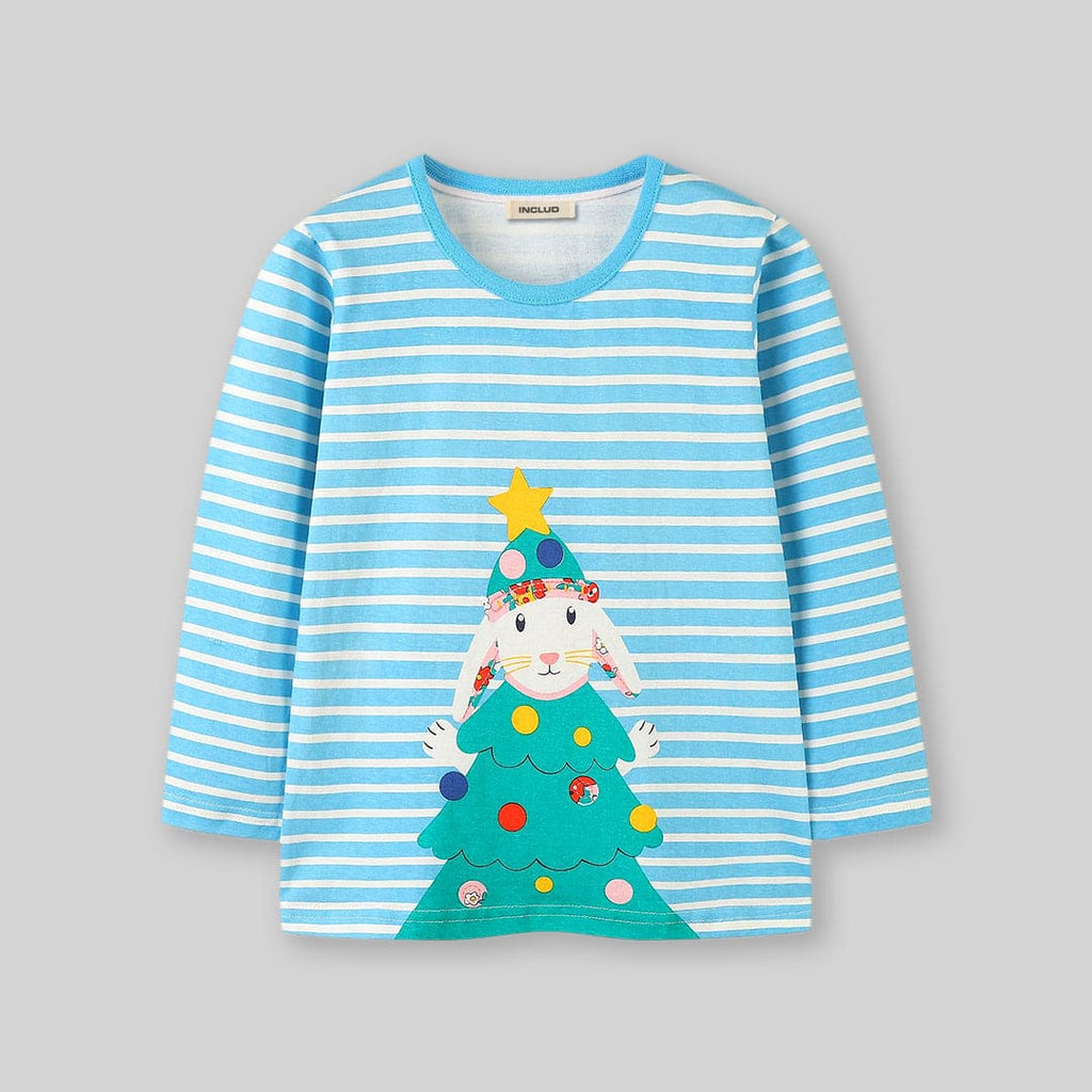 Girls Blue Long Sleeve Bunny Printed Striped T-Shirt Tops   
