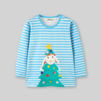 Girls Blue Long Sleeve Bunny Printed Striped T-Shirt Tops   