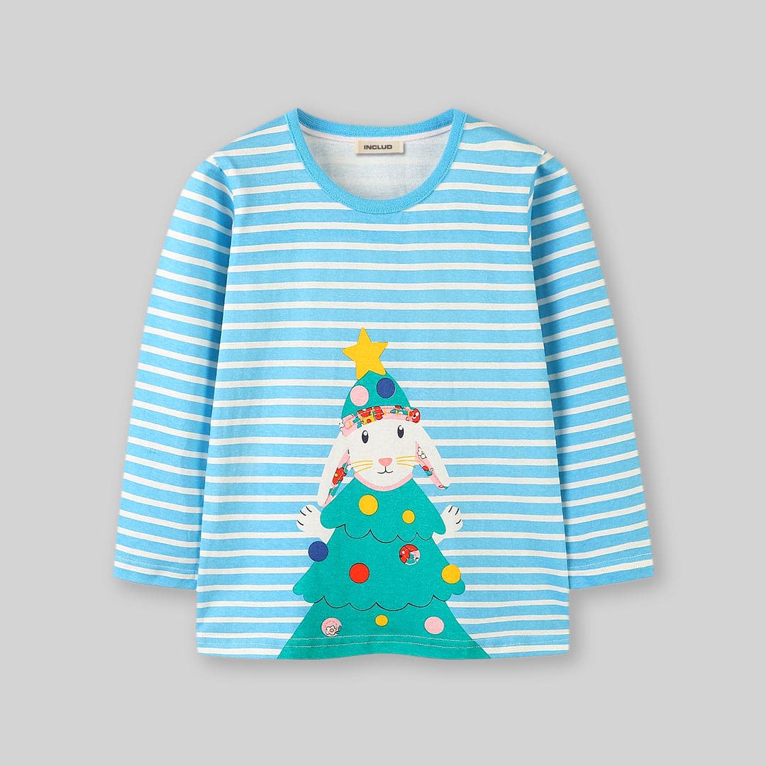 Girls Blue Long Sleeve Bunny Printed Striped T-Shirt Tops   