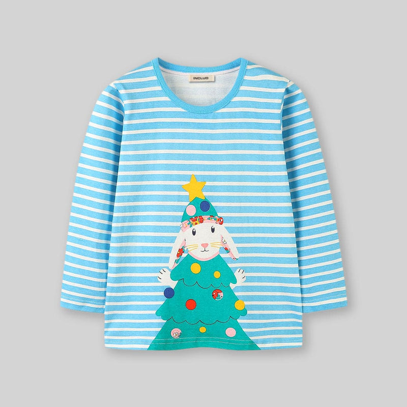 Girls Blue Long Sleeve Bunny Printed Striped T-Shirt Tops   