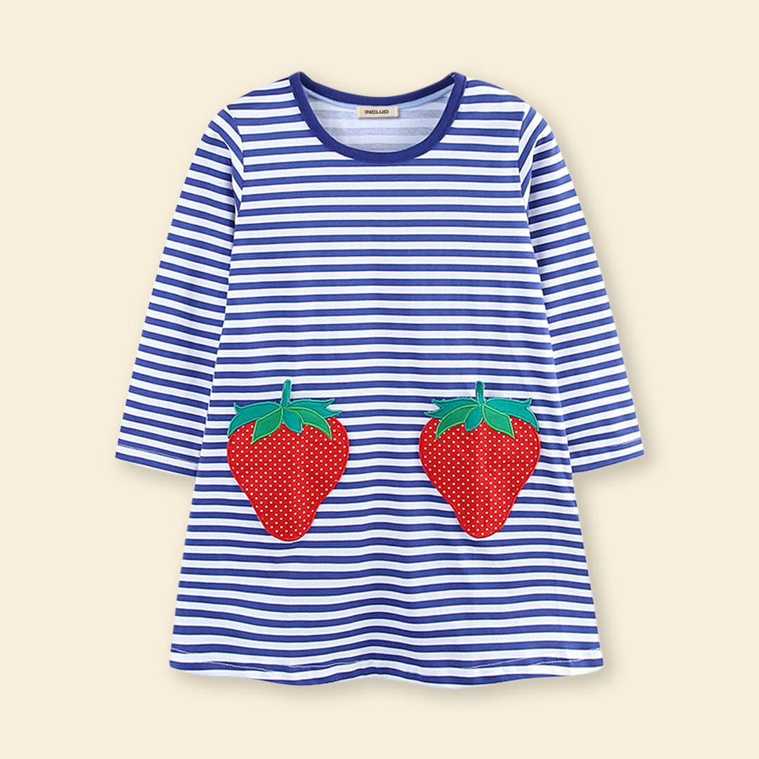 Girls White Long Sleeves Striped Strawberry Embroidered Dress Casual Dresses   
