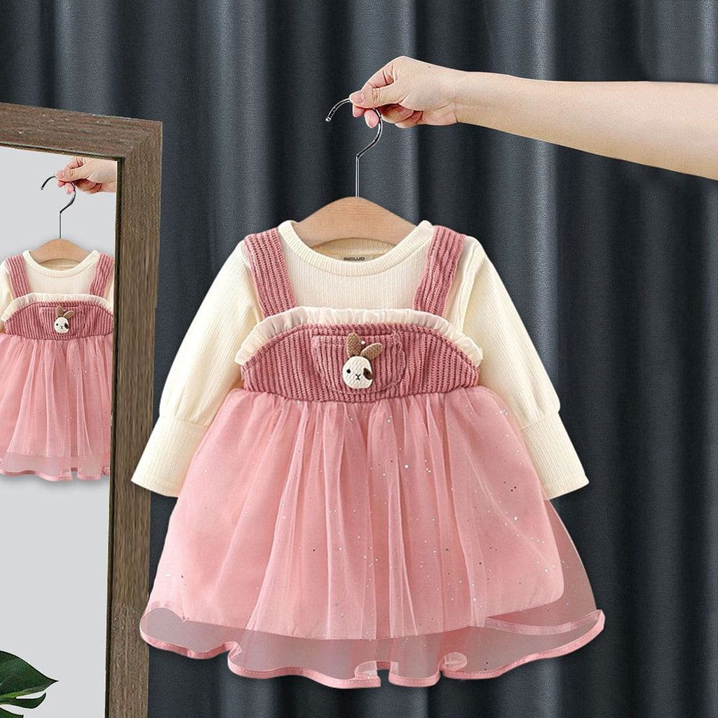 Girls Pink Embellished Long Sleeves Pinafore Dress Casual Dresses Pink 1-2 Y 