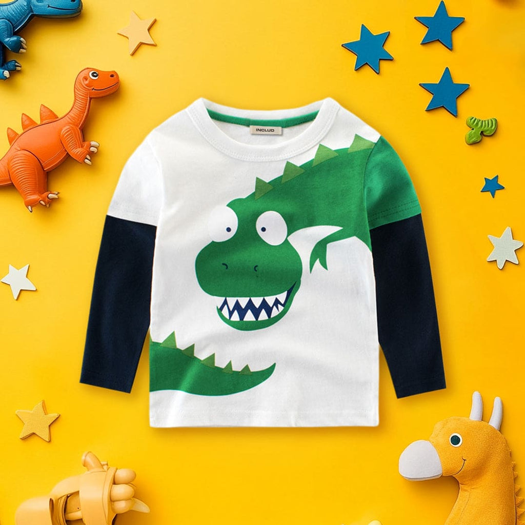 Boys White Dinosaur Print Full Sleeves T-shirt Tshirts White 1-2 Y 