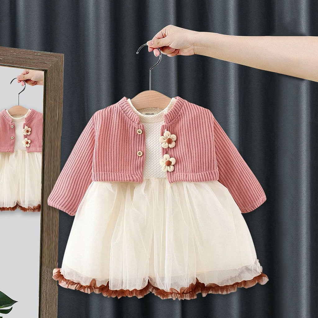 Girls Pink Long Sleeve Fit & Flare Dress With Crop Length Sweater Casual Dresses Pink 1-2 Y 