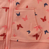 Girls Peach Long Sleeve Butterfly Printed Front Open Hooded Sweatshirt Sweatshirts & Hoodies   