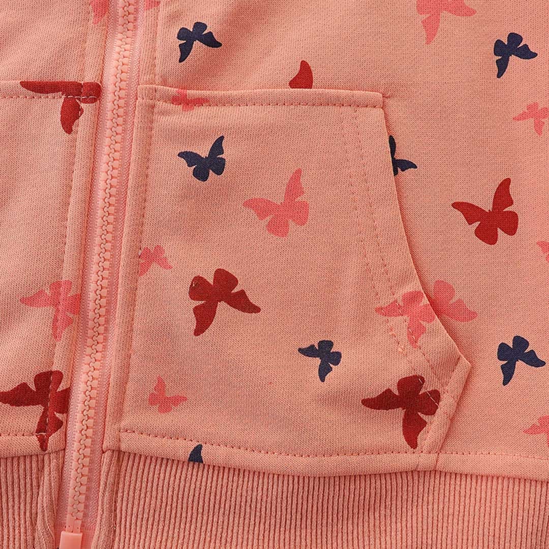 Girls Peach Long Sleeve Butterfly Printed Front Open Hooded Sweatshirt Sweatshirts & Hoodies   