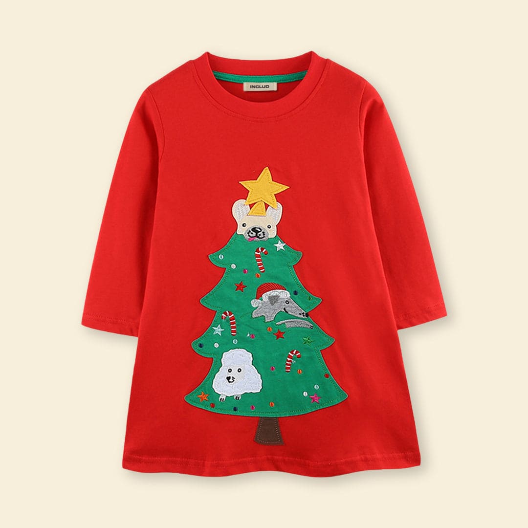 Girls Red Christmas Tree Embroidered Knitted Princess Dress Casual Dresses   