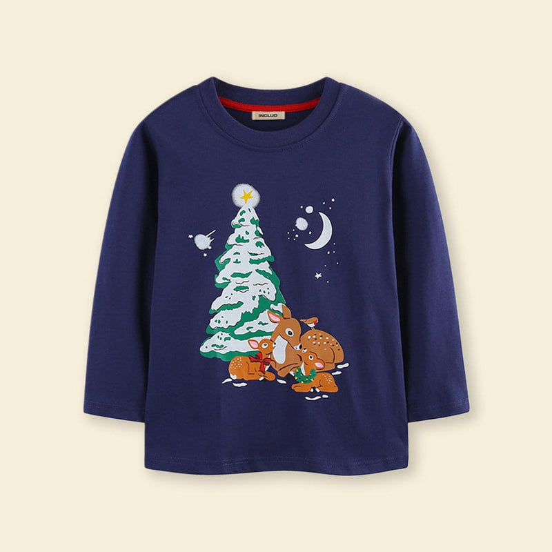 Boys Navy Long Sleeve Christmas Tree Printed T-Shirt Tshirts   