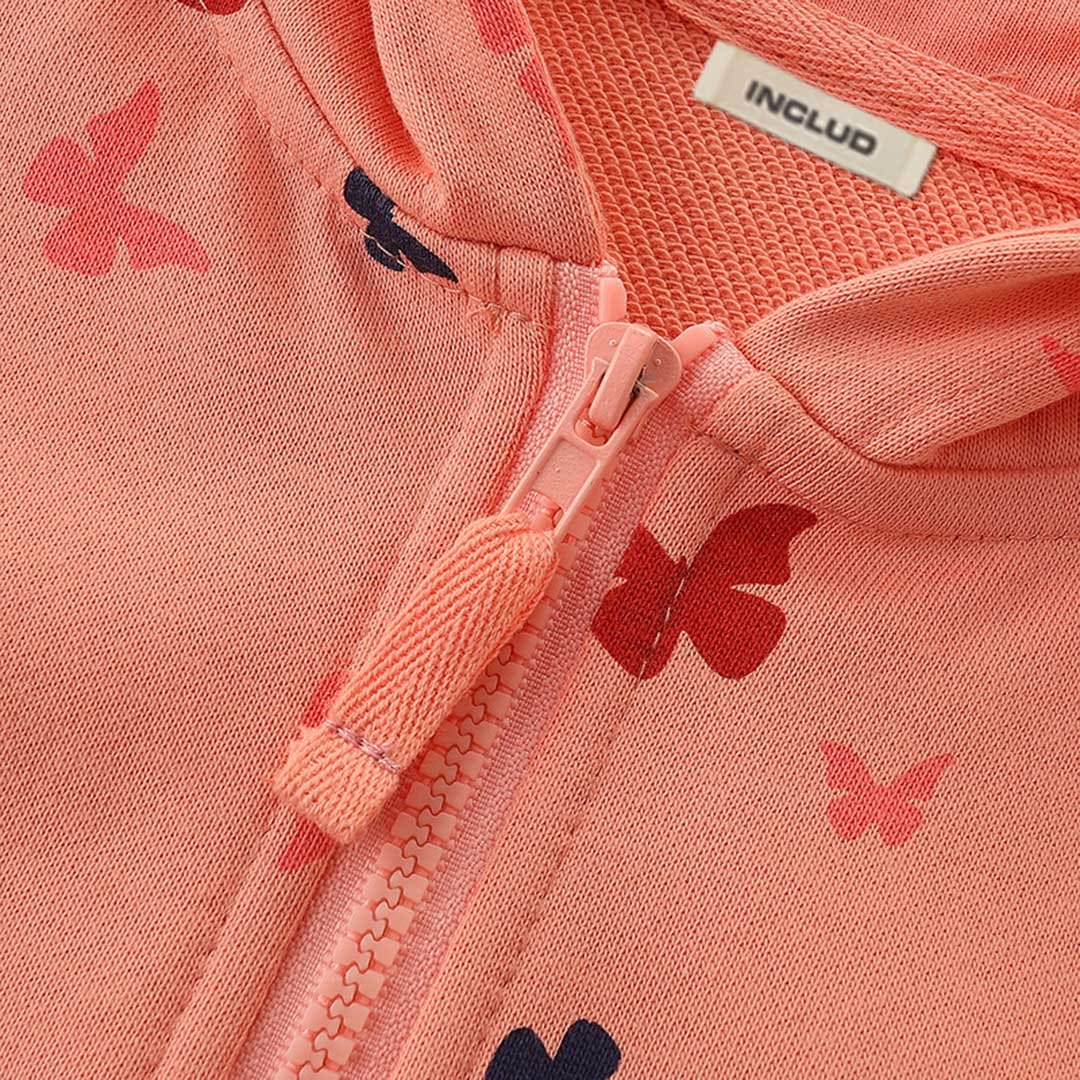 Girls Peach Long Sleeve Butterfly Printed Front Open Hooded Sweatshirt Sweatshirts & Hoodies   