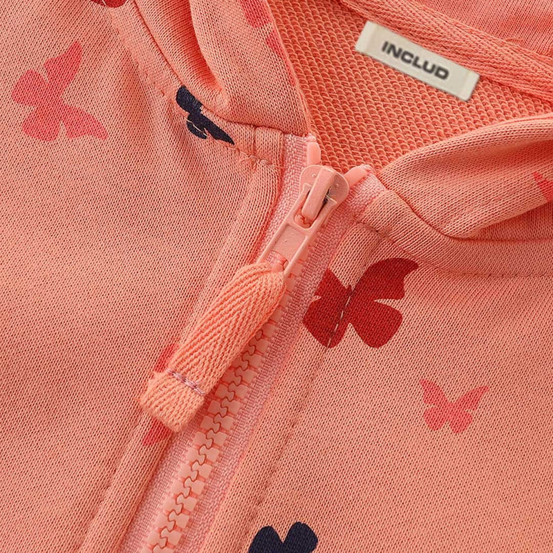 Girls Peach Long Sleeve Butterfly Printed Front Open Hooded Sweatshirt Sweatshirts & Hoodies   