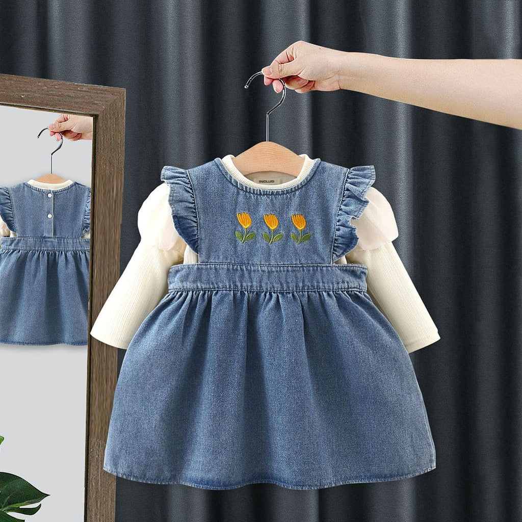 Girls Blue Puff Sleeve T-Shirt With Sleeveless Denim Dress Casual Dresses Blue 1-2 Y 