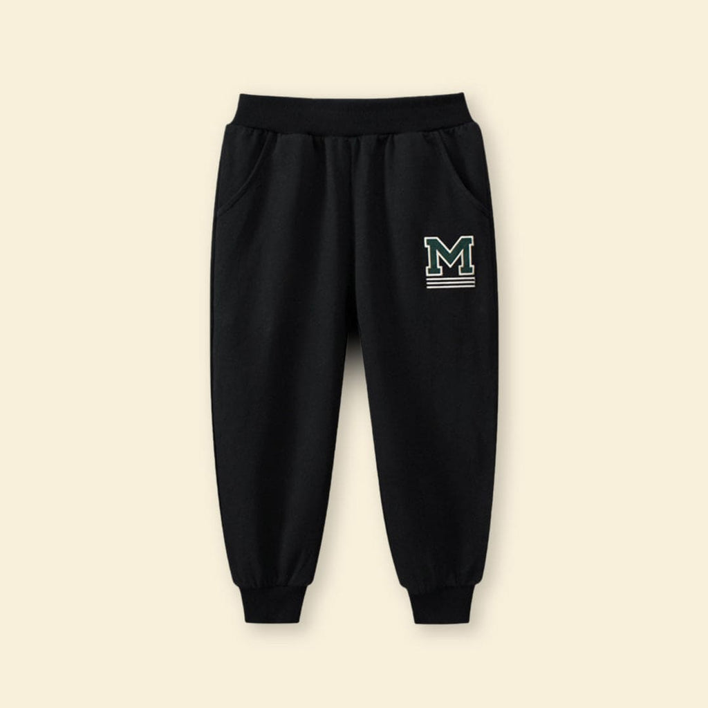 Boys Black Elasticated Motif Print Rib Trouser Trackpants & Joggers   