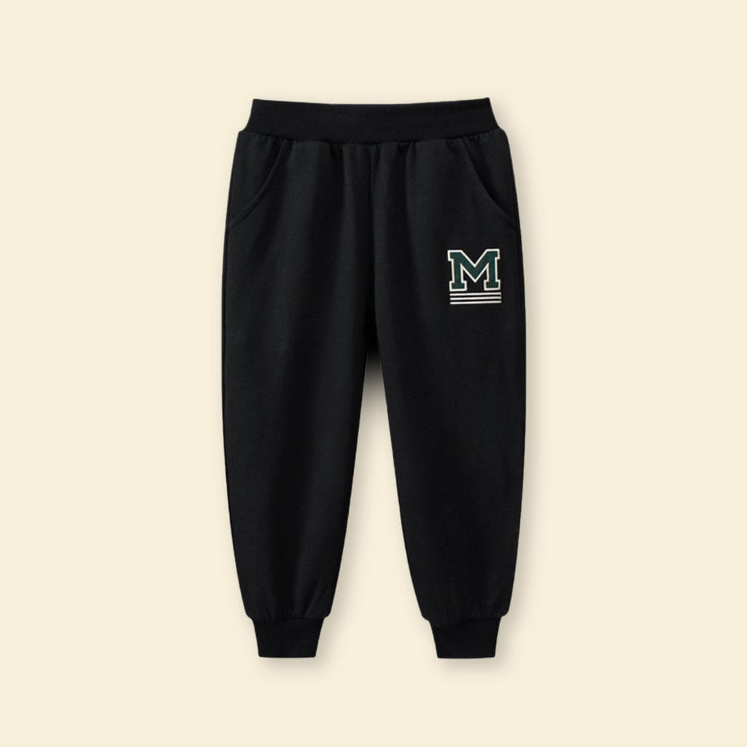 Boys Black Elasticated Motif Print Rib Trouser Trackpants & Joggers   