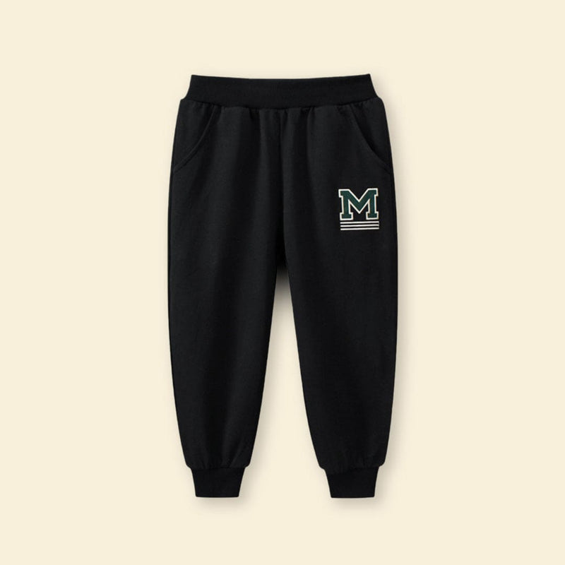 Boys Black Elasticated Motif Print Rib Trouser Trackpants & Joggers   