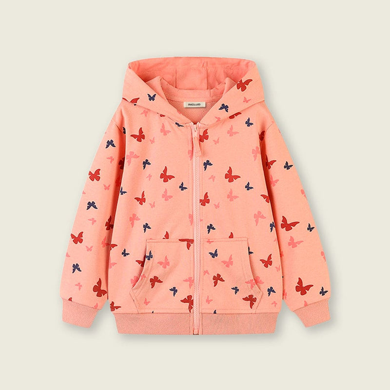 Girls Peach Long Sleeve Butterfly Printed Front Open Hooded Sweatshirt Sweatshirts & Hoodies   