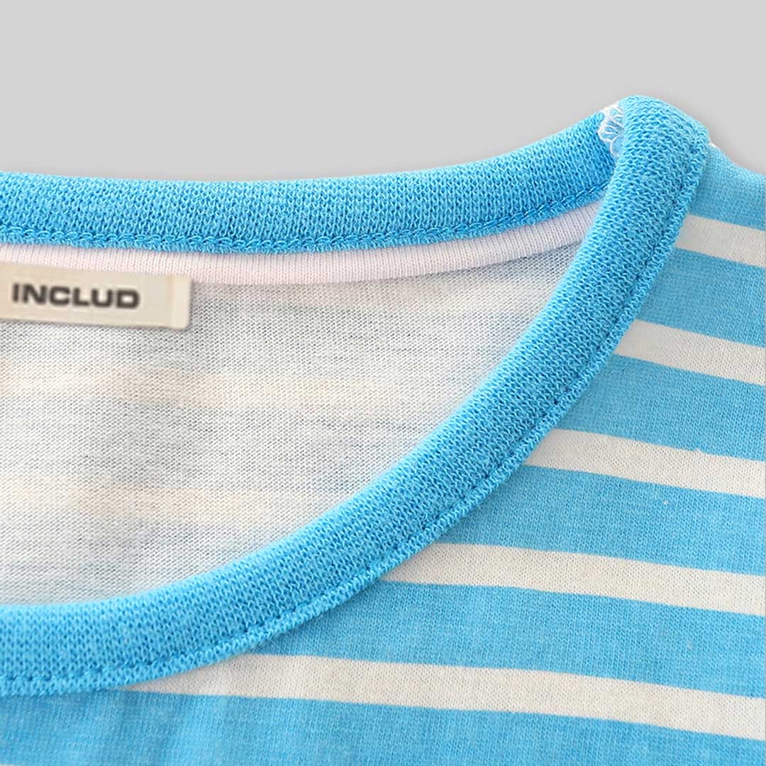 Girls Blue Long Sleeve Bunny Printed Striped T-Shirt Tops   