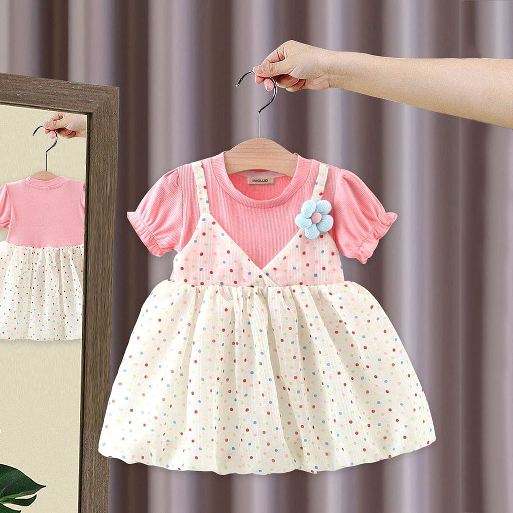 Girls Short Sleeve Polka Dot Print Dress Casual Dresses Pink 1-2 Y 