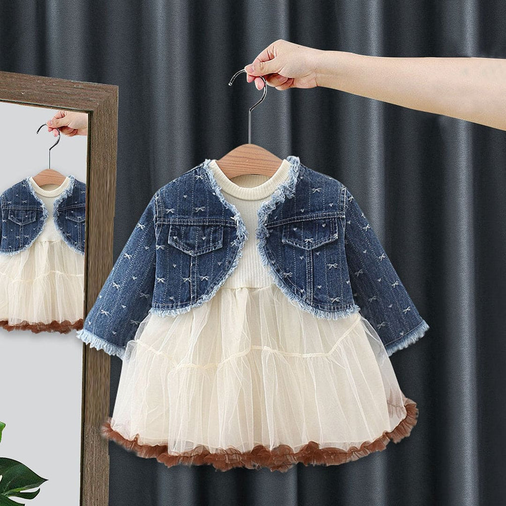 Girls Dark Blue Long Sleeve Dress With Denim Jacket Casual Dresses Dark Blue 1-2 Y 